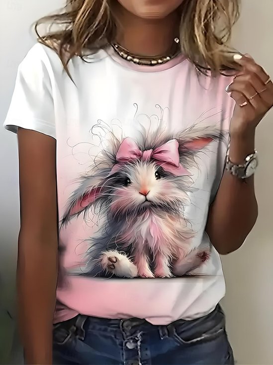 T-shirts Femmes Décontracté Été PÂQUES (lapin) Micro-élasticité Vacances Ample Jersey Manches Courtes Droit