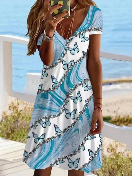 Femmes Floral Comme Image Col V Confortable Robe Mi-Longue Décontracté