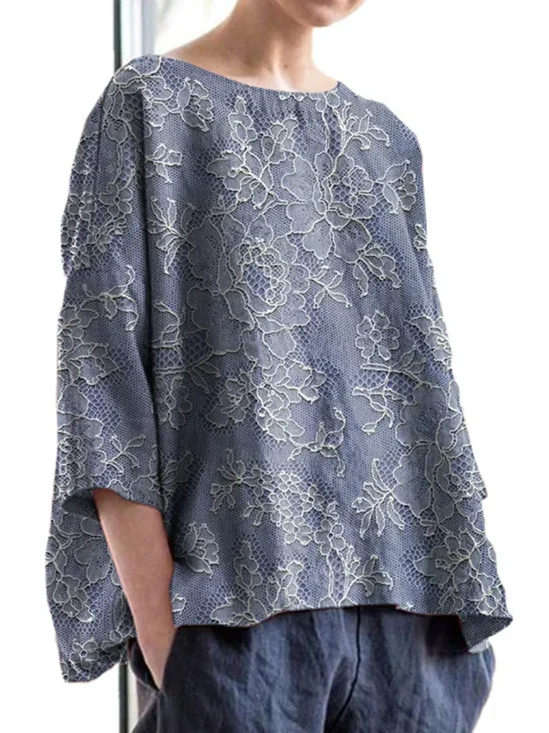 T-shirts Décontracté Floral Printemps / Automne Coton Micro-élasticité Domestique Coupe Régulière Col Rond Régulier pour Femmes