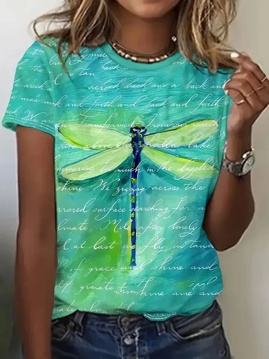 T-shirts Femmes Décontracté Été Libellule Imprimé Ample Jersey Col Rond Droit Régulier