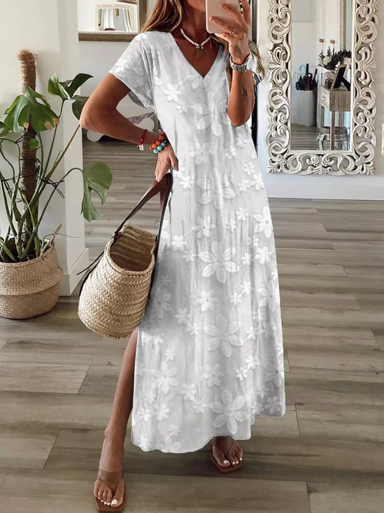 Femmes Floral Blanc Col V Confortable Imprimé Robe Maxi Décontracté