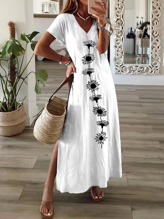 Femmes Floral Blanc Col V Confortable Imprimé Robe Maxi Décontracté