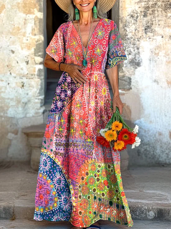 Femmes Floral Rouge Col V Confortable Robe Maxi Décontracté