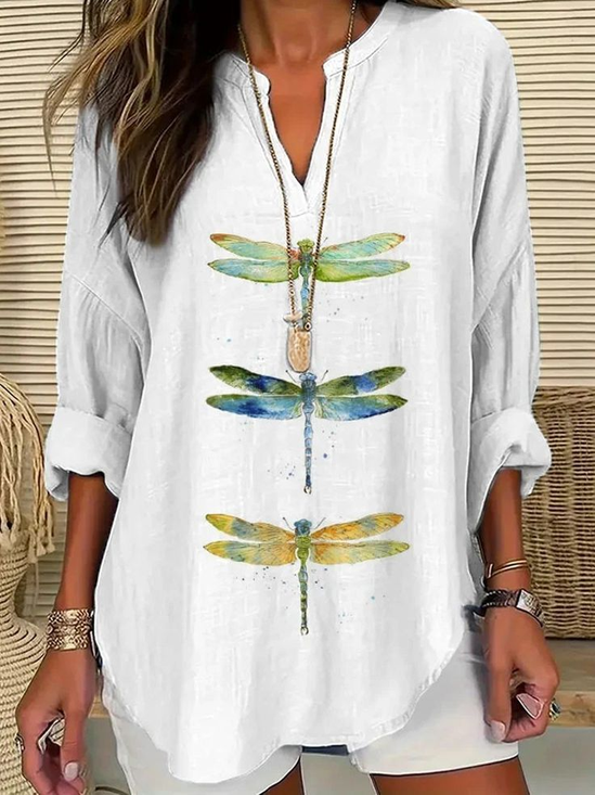 Blouses Décontracté Printemps / Automne Libellule Col V Aucune élasticité Quotidien Ample Manches Longues en Mélangé de Coton pour Femmes