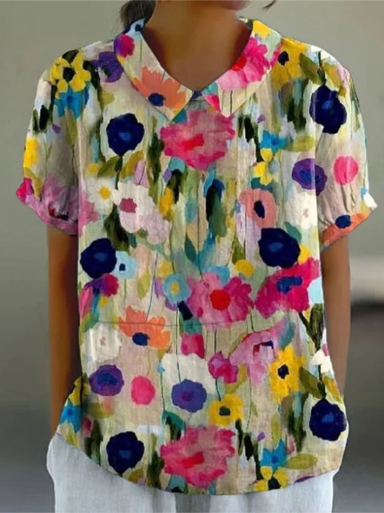 Blouses Simple Floral Été Quotidien Ample Demi Manche Col Châle Droit Régulier pour Femmes