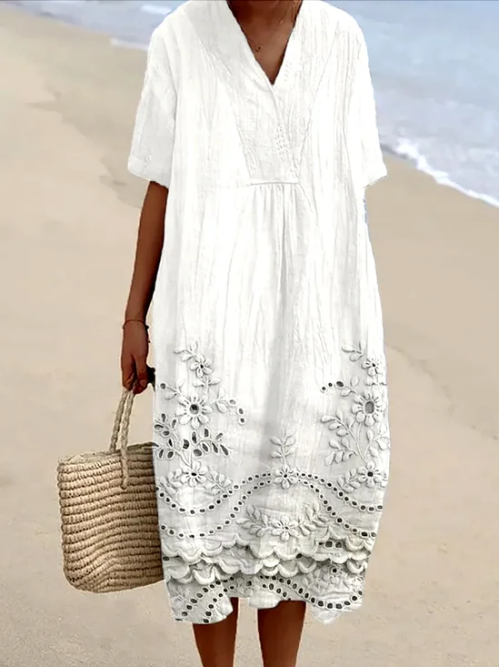 Femmes Floral Blanc Col V Confortable Robe Maxi Décontracté