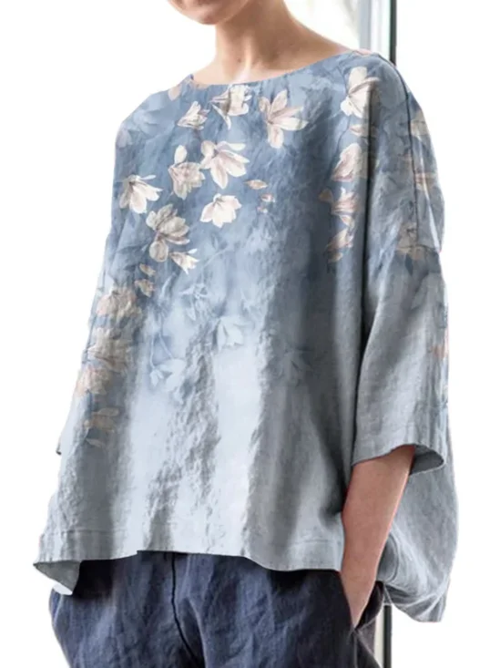 T-shirts Décontracté Floral Printemps / Automne Polyester Faire la navette Manches trois quarts Col Rond Régulier Régulier pour Femmes