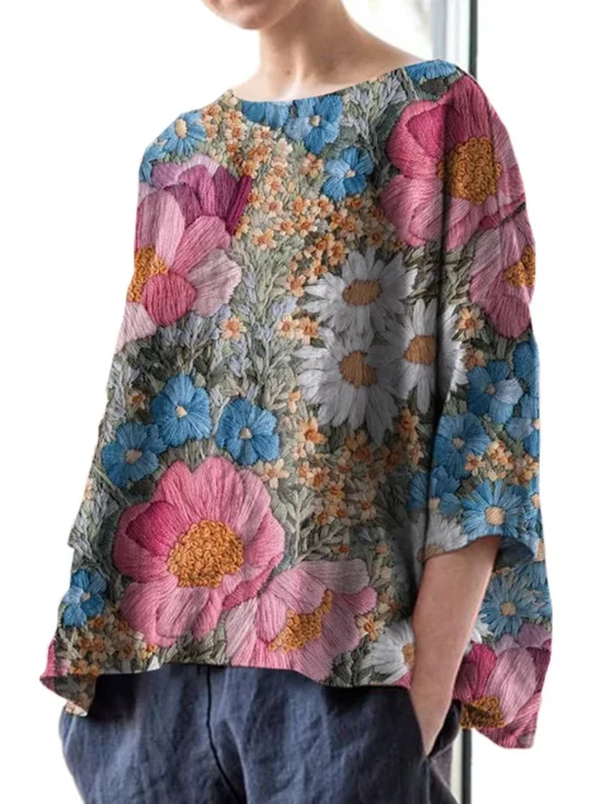 T-shirts Décontracté Floral Printemps / Automne Coton Faire la navette Ample Manches trois quarts Col Rond Régulier pour Femmes
