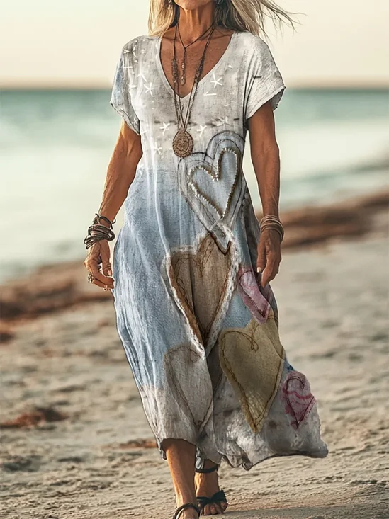 Femmes Géométrique Comme Image Col V Confortable Robe Maxi Rétro