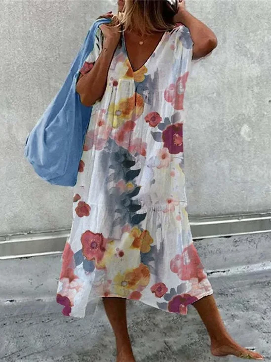 Femmes Floral Comme Image Col V Confortable Robe Maxi Décontracté