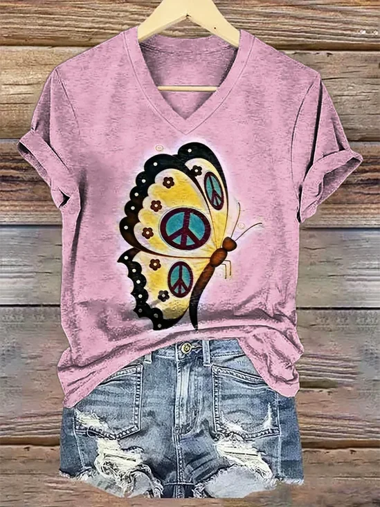 T-shirts Décontracté Été Papillon Coton Col V Quotidien Coupe Régulière Trapèze Régulier pour Femmes