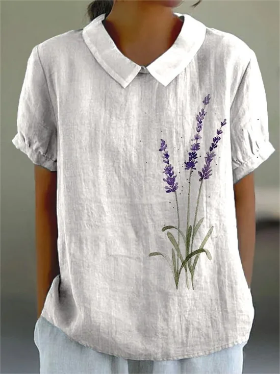 Blouses Simple Floral Été Coton Aucune élasticité Quotidien Demi Manche Régulier Droit pour Femmes