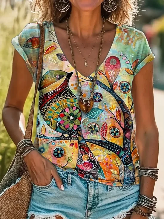 T-shirts Femmes Décontracté Oiseau Été Col V Micro-élasticité Coupe Régulière Manches Courtes Régulier Régulier