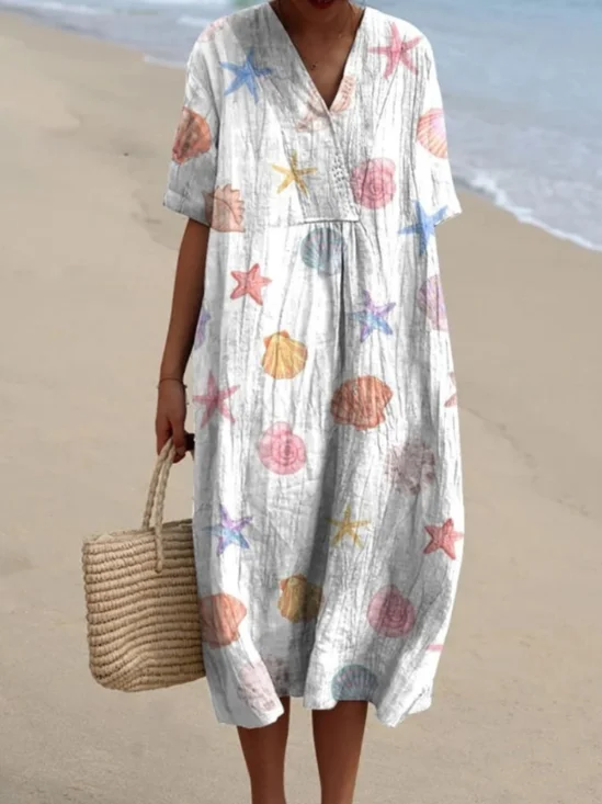 Femmes Floral Blanc Col Rond Confortable Robe Maxi Décontracté