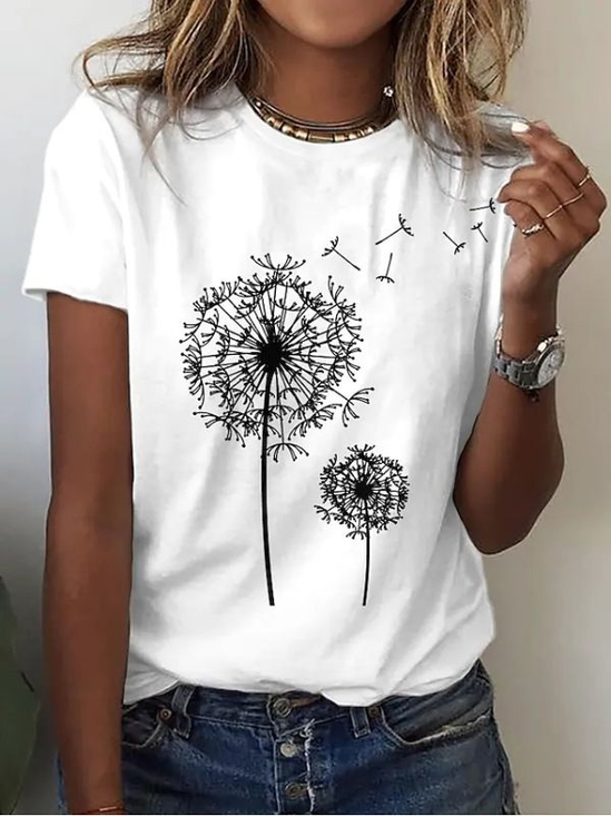 T-shirts Décontracté Floral Été Imprimé Micro-élasticité Col Rond Régulier Droit Régulier pour Femmes