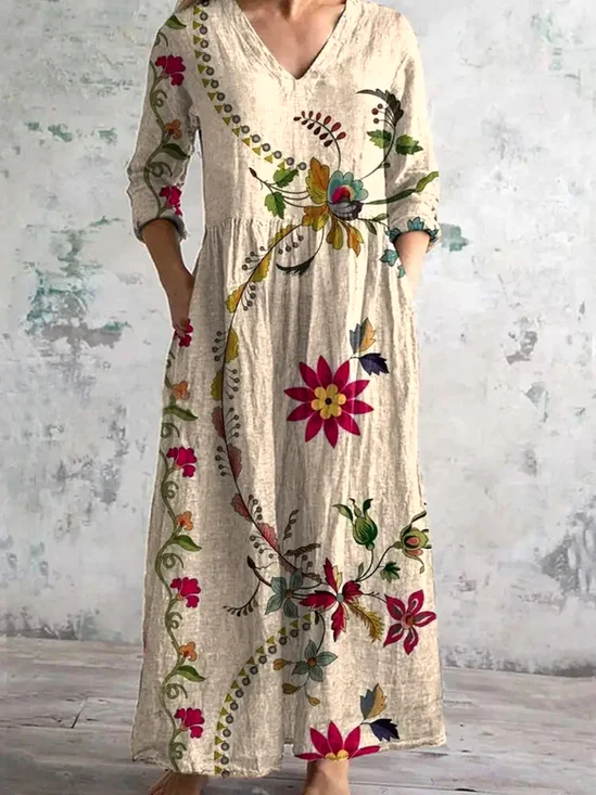 Femmes Floral Abricot Col V Confortable Robe Maxi Décontracté
