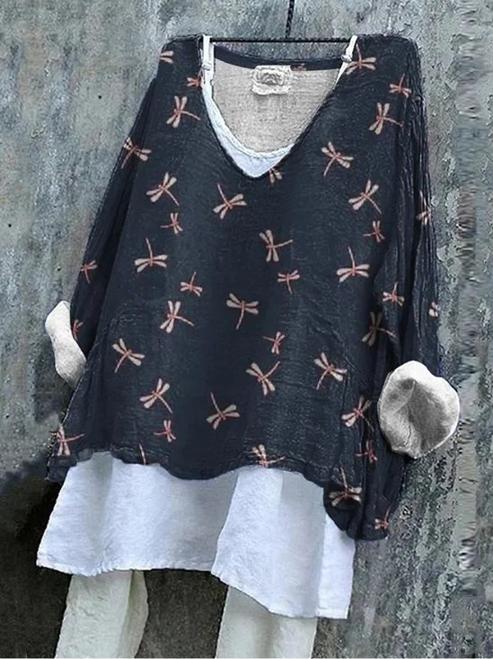 T-shirts en Lin Imprimé d'Animal Printemps / Automne Polyester Col V Micro-élasticité Quotidien Ample Régulier pour Femmes