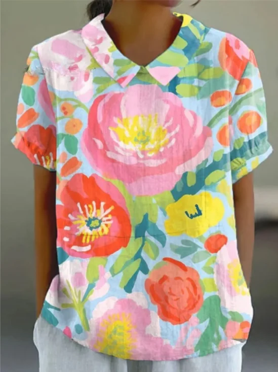 Blouses Femmes Élégant Floral Été Polyester Aucune élasticité Quotidien Col Châle Droit Régulier