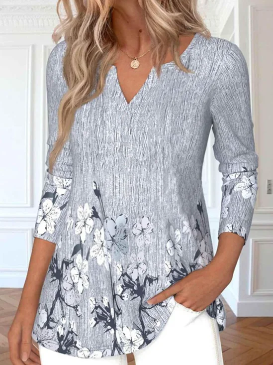 Blouses Femmes Décontracté Floral Printemps / Automne Col V Faire la navette Ample Manches Longues Régulier Élasticité moyenne