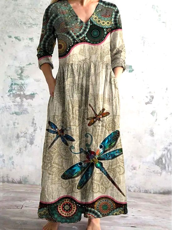 Femmes Floral Kaki Col V Confortable Robe Maxi Décontracté