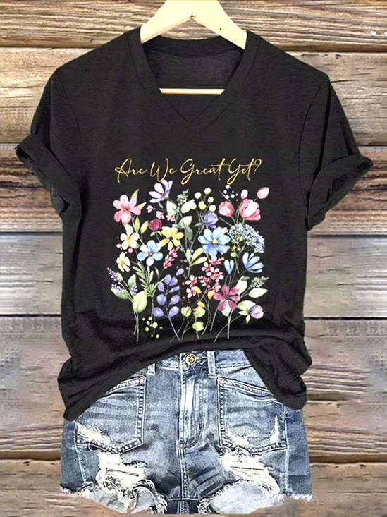 T-shirts Femmes Décontracté Floral Été Coton Col V Coupe Régulière Régulier Trapèze Régulier