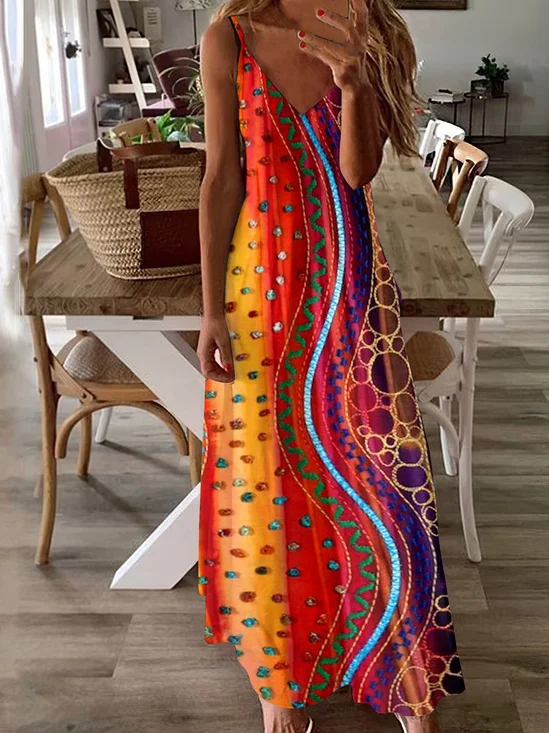 Femmes Géométrique Orange à Bretelles Confortable Robe Maxi Décontracté