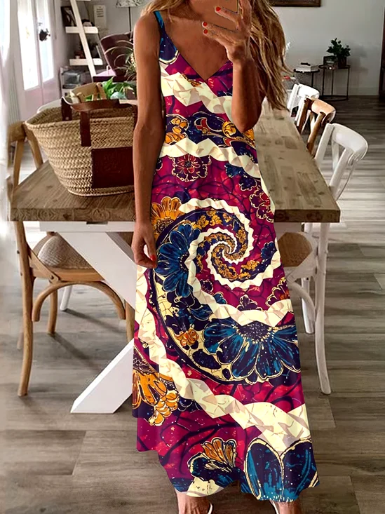 Femmes Géométrique Rouge à Bretelles Confortable Robe Maxi Décontracté