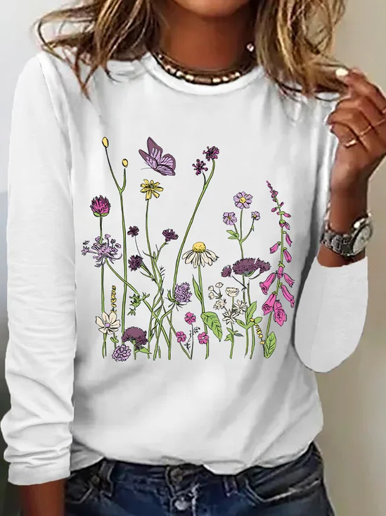 Blouses Décontracté Floral Printemps / Automne Ample Manches Longues Col Rond Régulier Droit Régulier pour Femmes