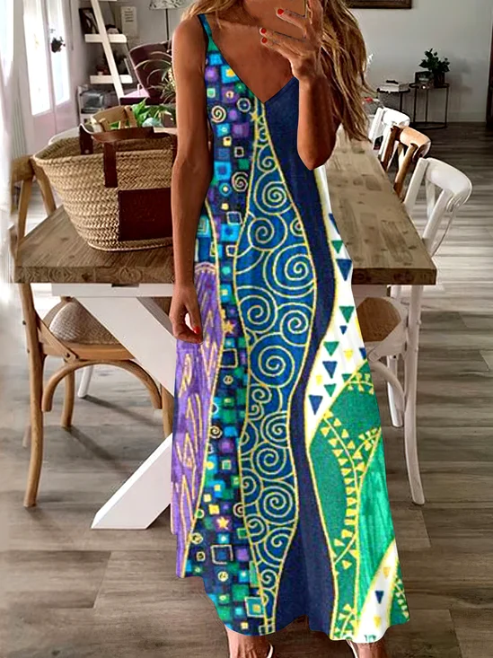 Femmes Géométrique Vert à Bretelles Confortable Robe Maxi Décontracté