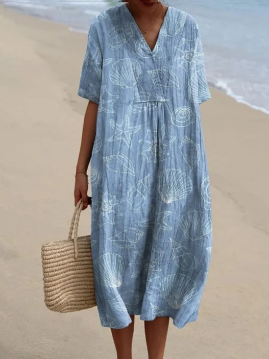 Femmes Floral Bleu Col V Confortable Robe Maxi Décontracté