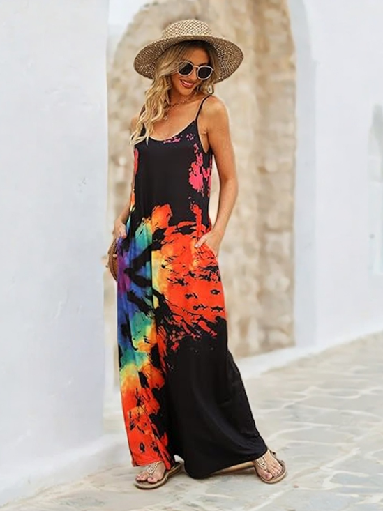 Femmes Teint Noué Comme Image Col Rond Confortable Robe Maxi Décontracté