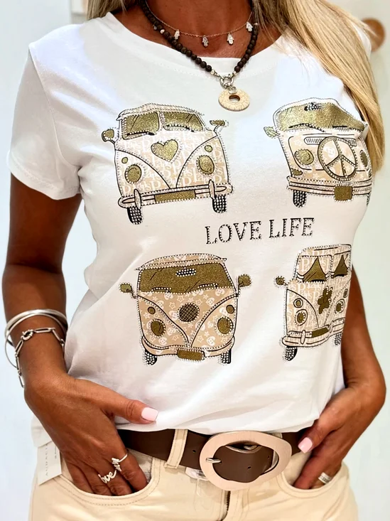 T-shirts Géométrique Décontracté Été Coton Micro-élasticité Manches Courtes Col Rond Trapèze Régulier pour Femmes