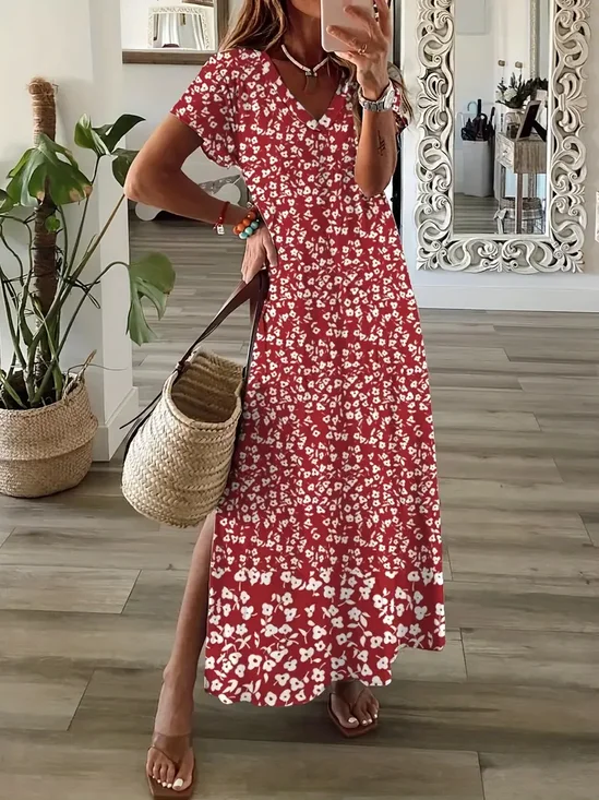 Femmes Floral Rouge Col V Confortable Robe Maxi Décontracté