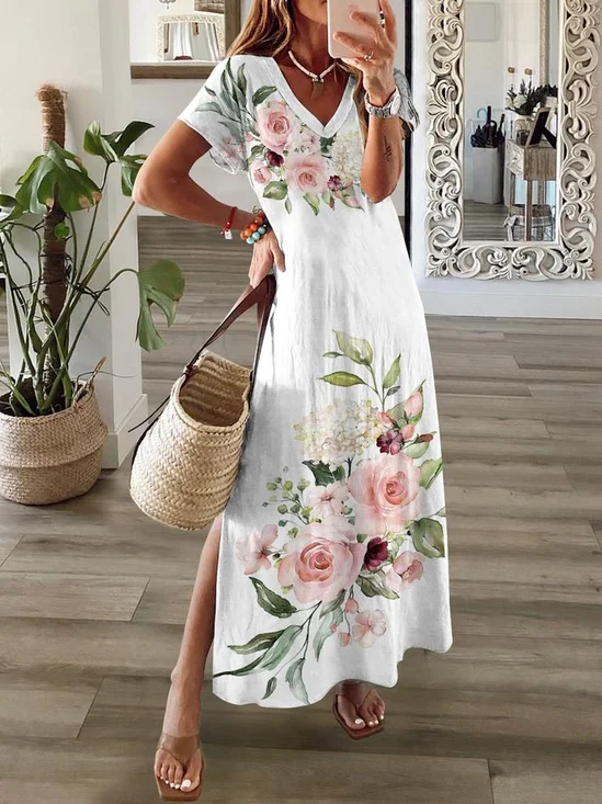 Femmes Floral Blanc Col V Confortable Imprimé Robe Maxi Décontracté