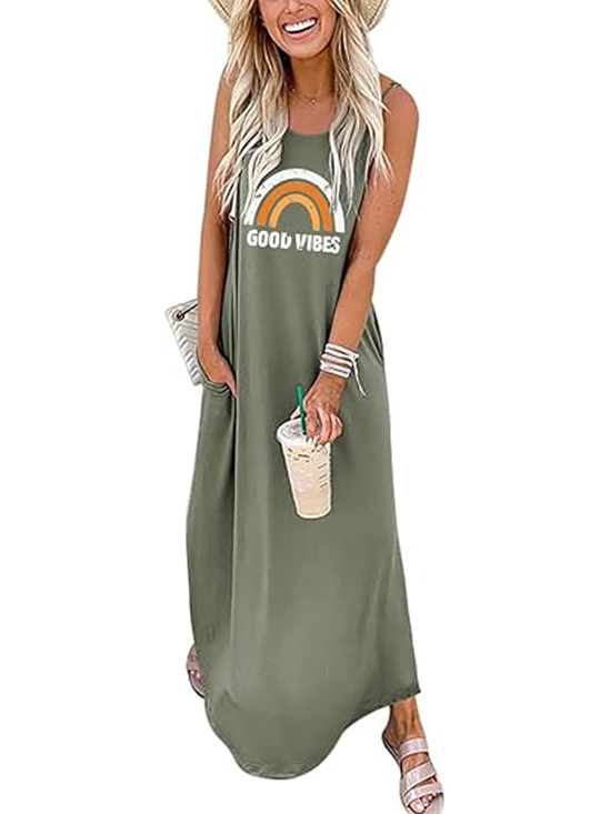 Femmes Géométrique Vert pois Col Rond Confortable Robe Maxi Décontracté