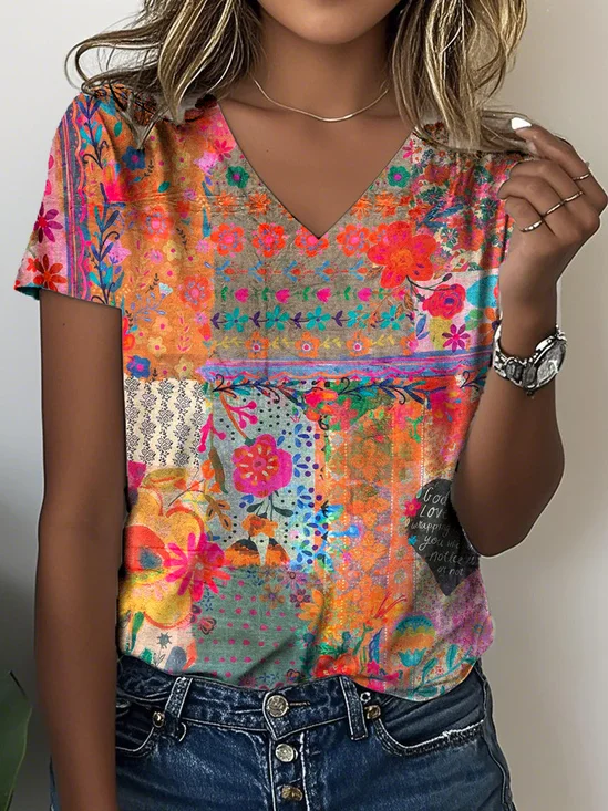T-shirts Décontracté Été impression en 3D Col V Quotidien Ample Jersey Manches Courtes Régulier pour Femmes
