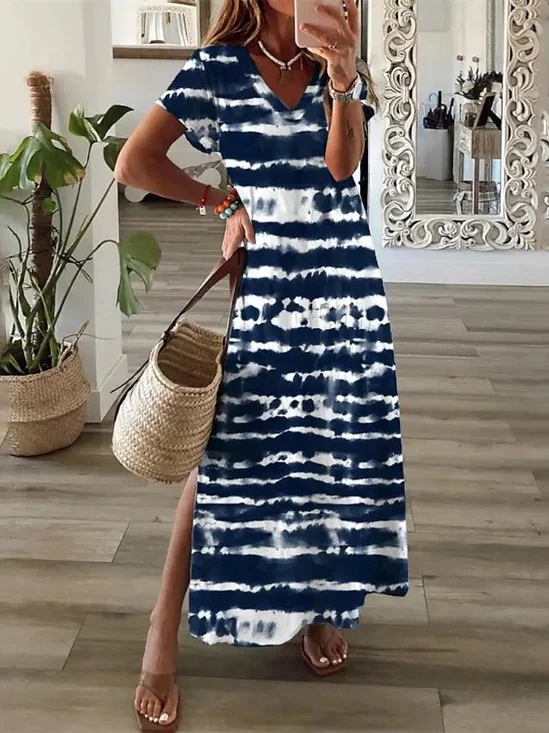 Femmes Abstrait Bleu Violacé Col V Confortable Imprimé Robe Maxi Décontracté