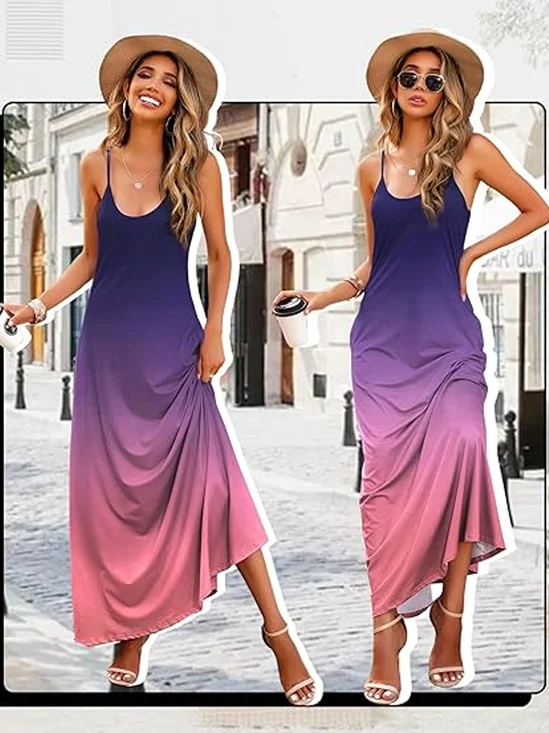 Femmes Ombre Orange Col Rond Confortable Robe Maxi Décontracté
