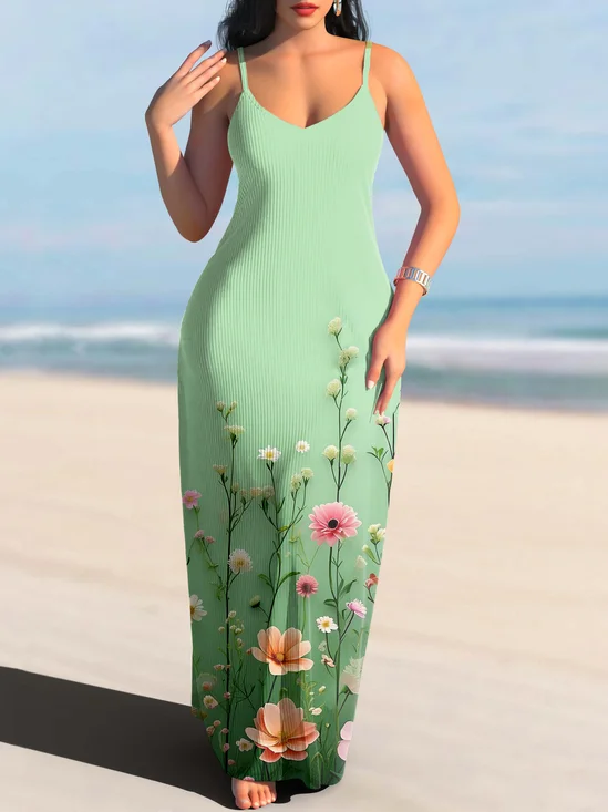 Femmes Floral Vert à Bretelles Confortable Robe Maxi Décontracté