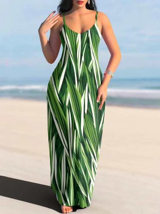 Femmes Floral Vert à Bretelles Confortable Robe Maxi Décontracté