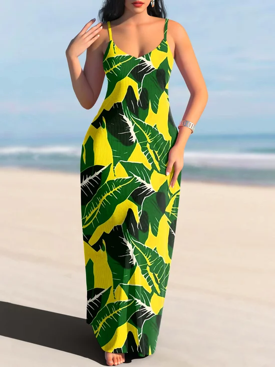 Femmes Floral Vert à Bretelles Confortable Robe Maxi Décontracté