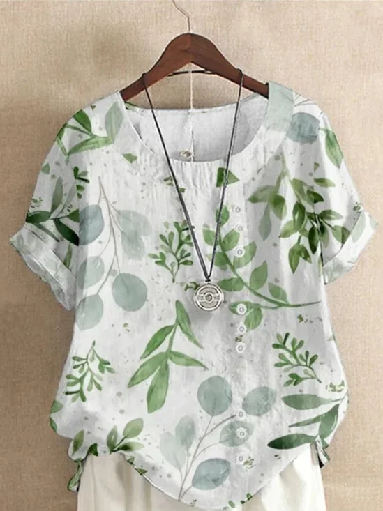 Blouses Femmes Simple Floral Été Coton Aucune élasticité Domestique Coupe Régulière Col Rond Régulier