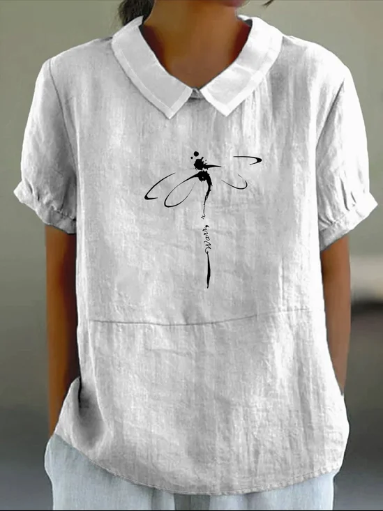 Blouses Simple Été Libellule Coton Demi Manche Col Châle Régulier Droit Régulier pour Femmes