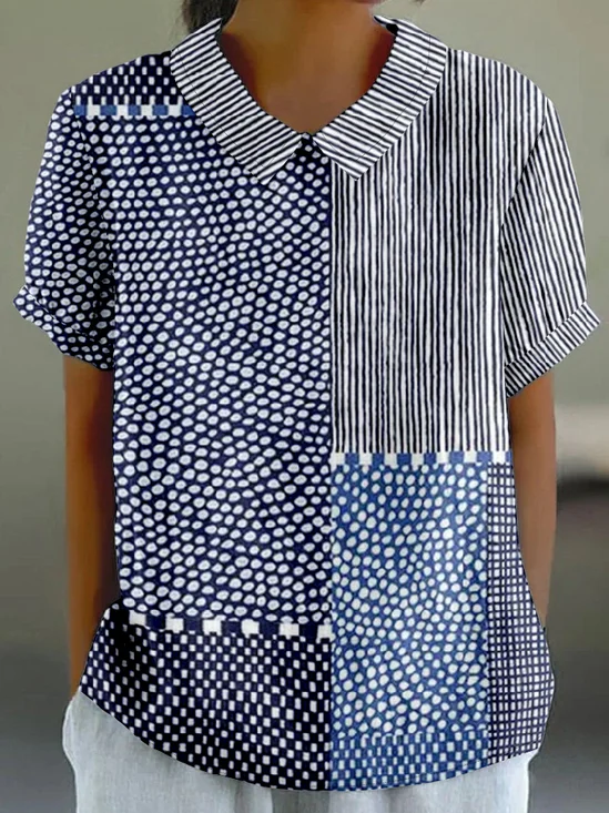 T-shirts Rayé Rétro Été Polyester Micro-élasticité Ample Col Châle Droit Régulier pour Femmes