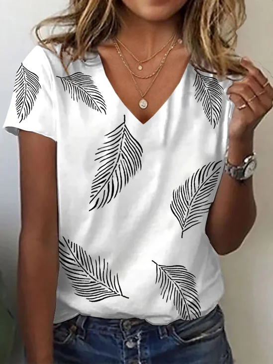 T-shirts Décontracté Été Plume Col V Aucune élasticité Quotidien Jersey Régulier Régulier pour Femmes