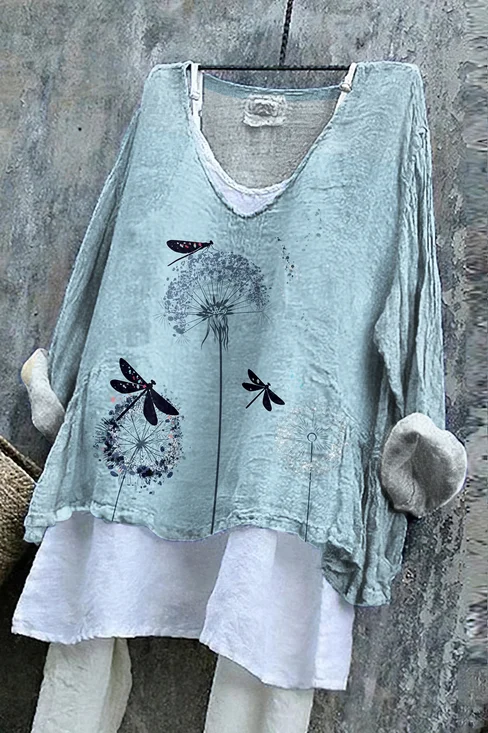T-shirts Femmes Décontracté Floral Printemps / Automne en Lin Micro-élasticité Coupe Régulière Manches Longues Régulier Trapèze