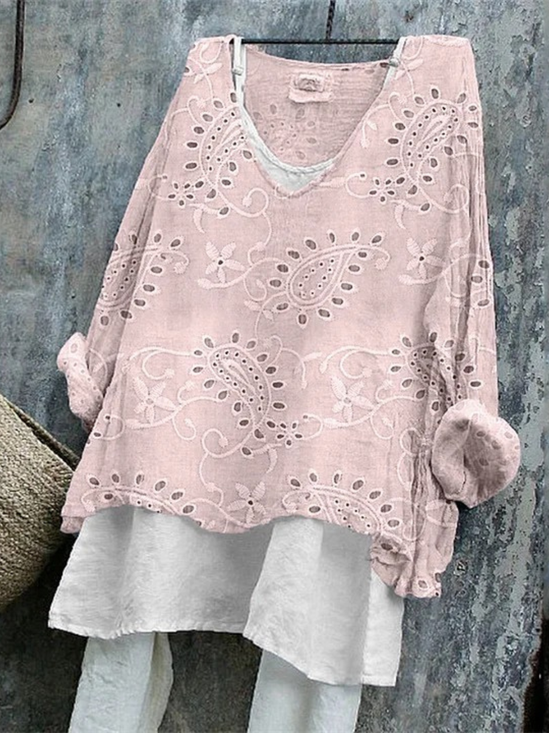 T-shirts Femmes Rétro Motif Cachemire Printemps / Automne Polyester Col V Quotidien Manches Longues Régulier Trapèze