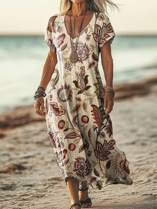 Femmes Floral Comme Image Col V Confortable Robe Maxi Rétro