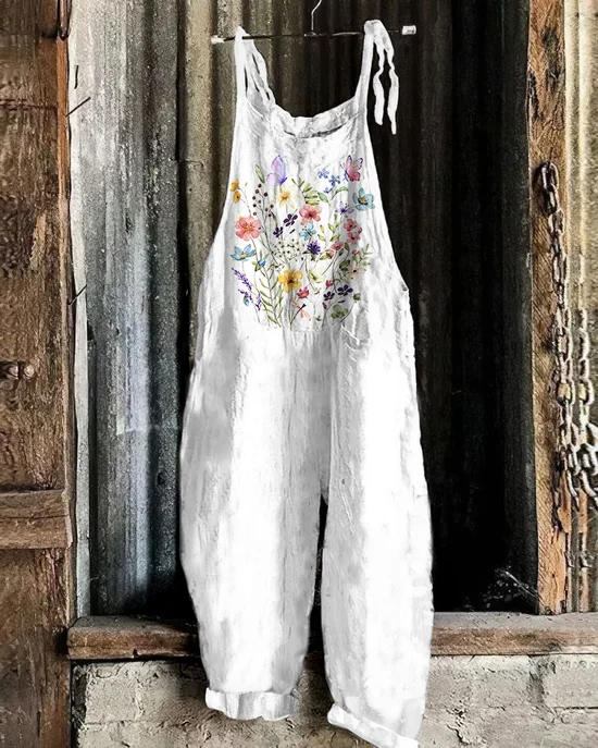 Combinaisons Décontracté Floral Été en Lin à Bretelles Naturel Sans Manches Long Régulier pour Femmes