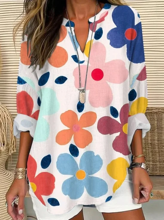 Blouses Simple Floral Été Polyester Ample Demi Manche Col Châle Régulier Régulier pour Femmes